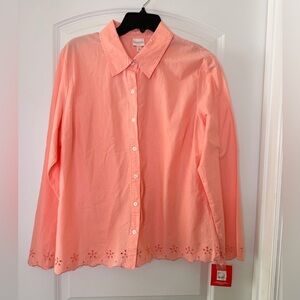 Peach Button-Up Cotton Blouse XL | Eyelet Hem and Sleeves | Long Sleeve